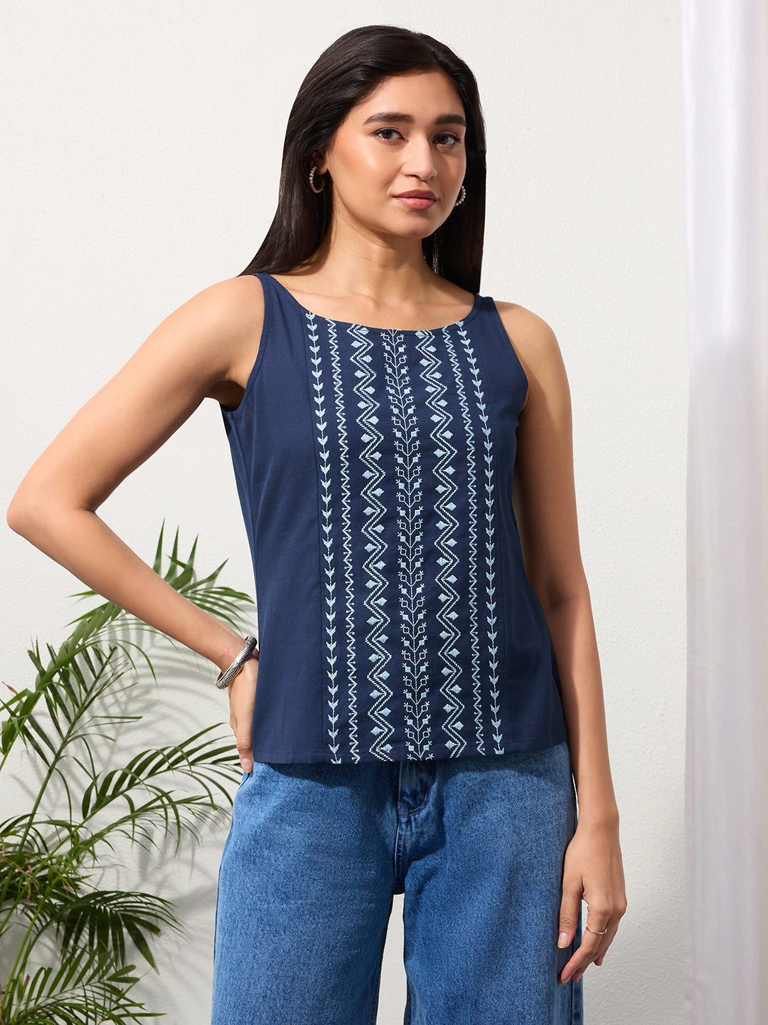 Midnight Indigo Cotton Linen Embroided Top