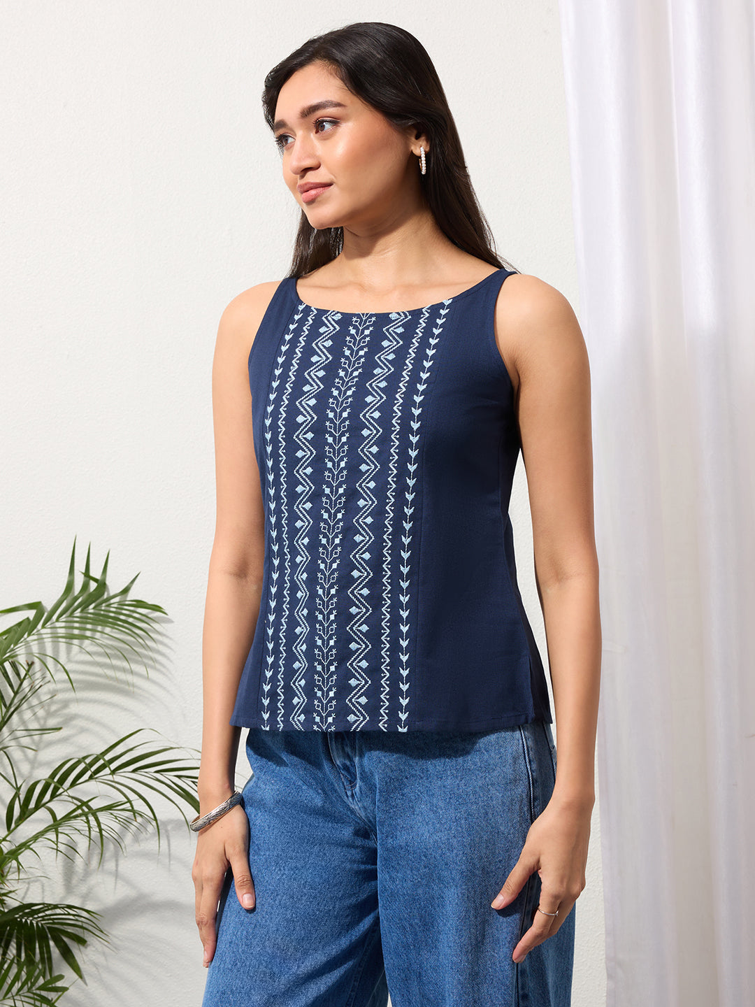 Midnight Indigo Cotton Linen Embroided Top