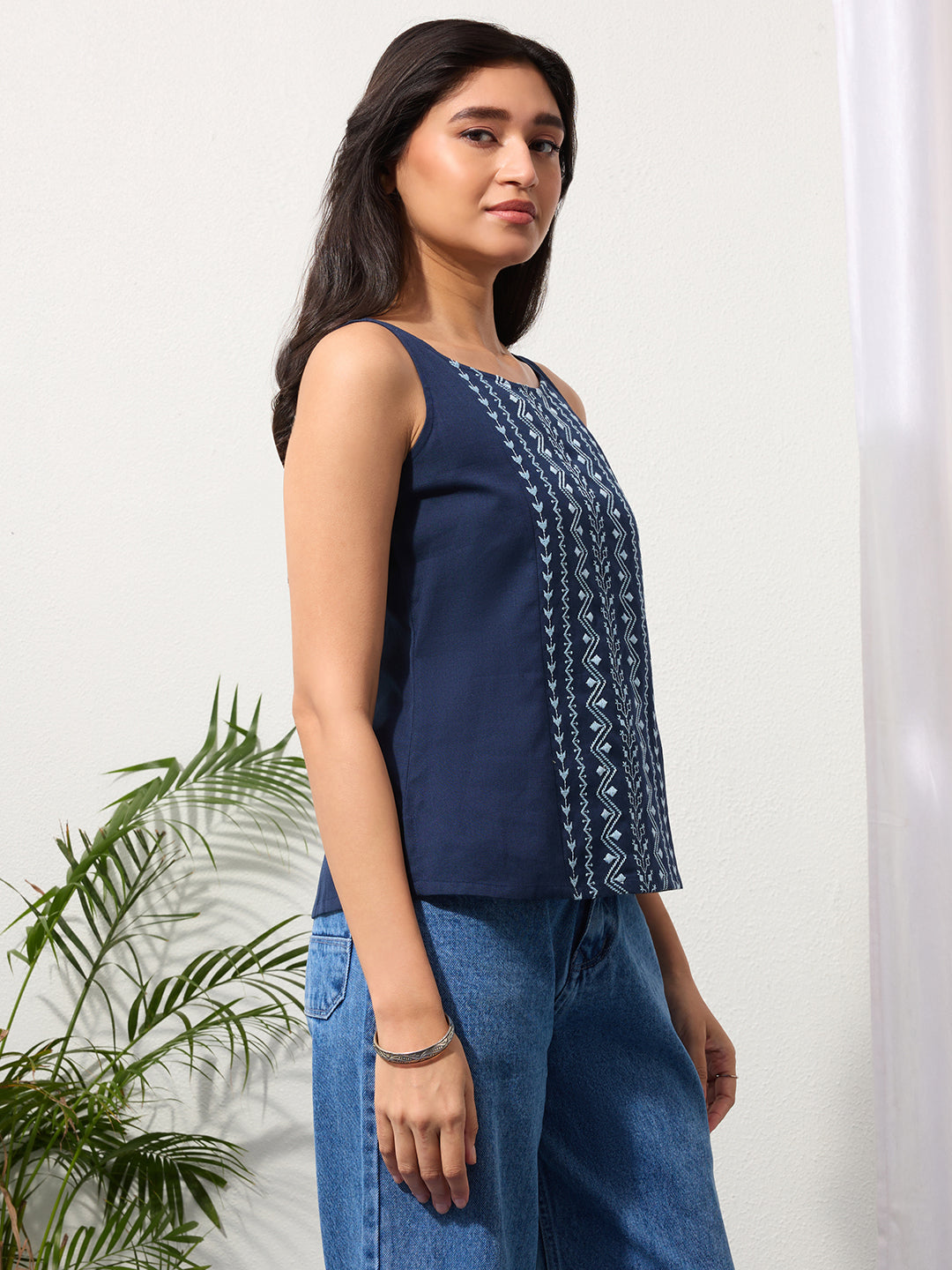 Midnight Indigo Cotton Linen Embroided Top