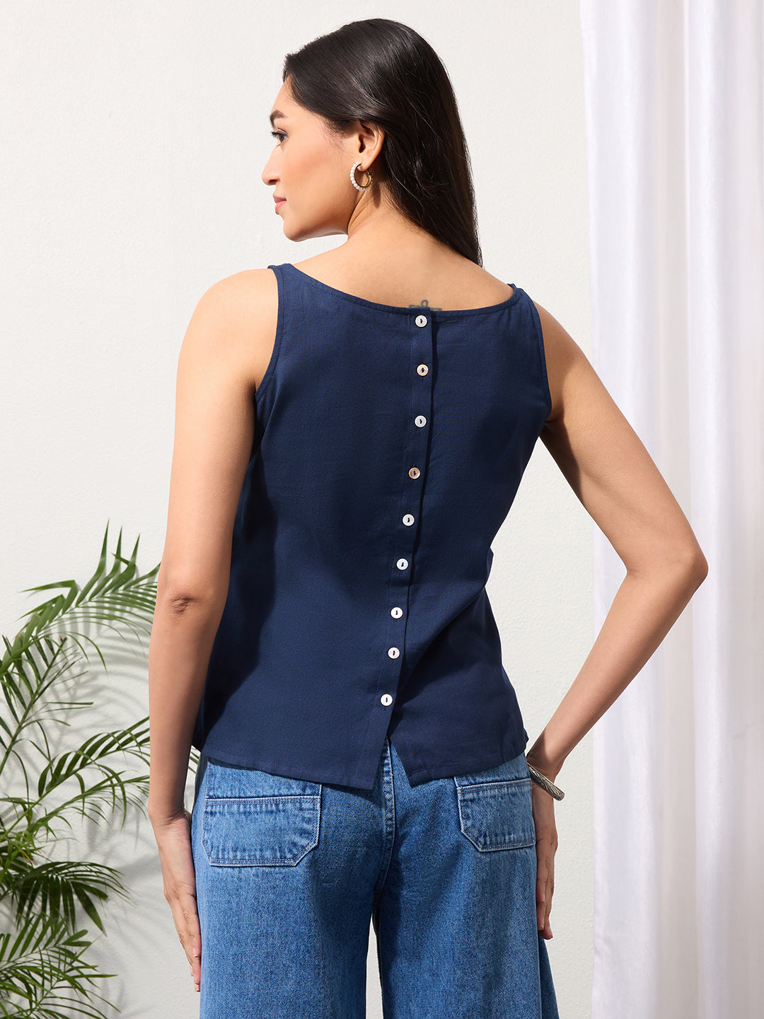 Midnight Indigo Cotton Linen Embroided Top