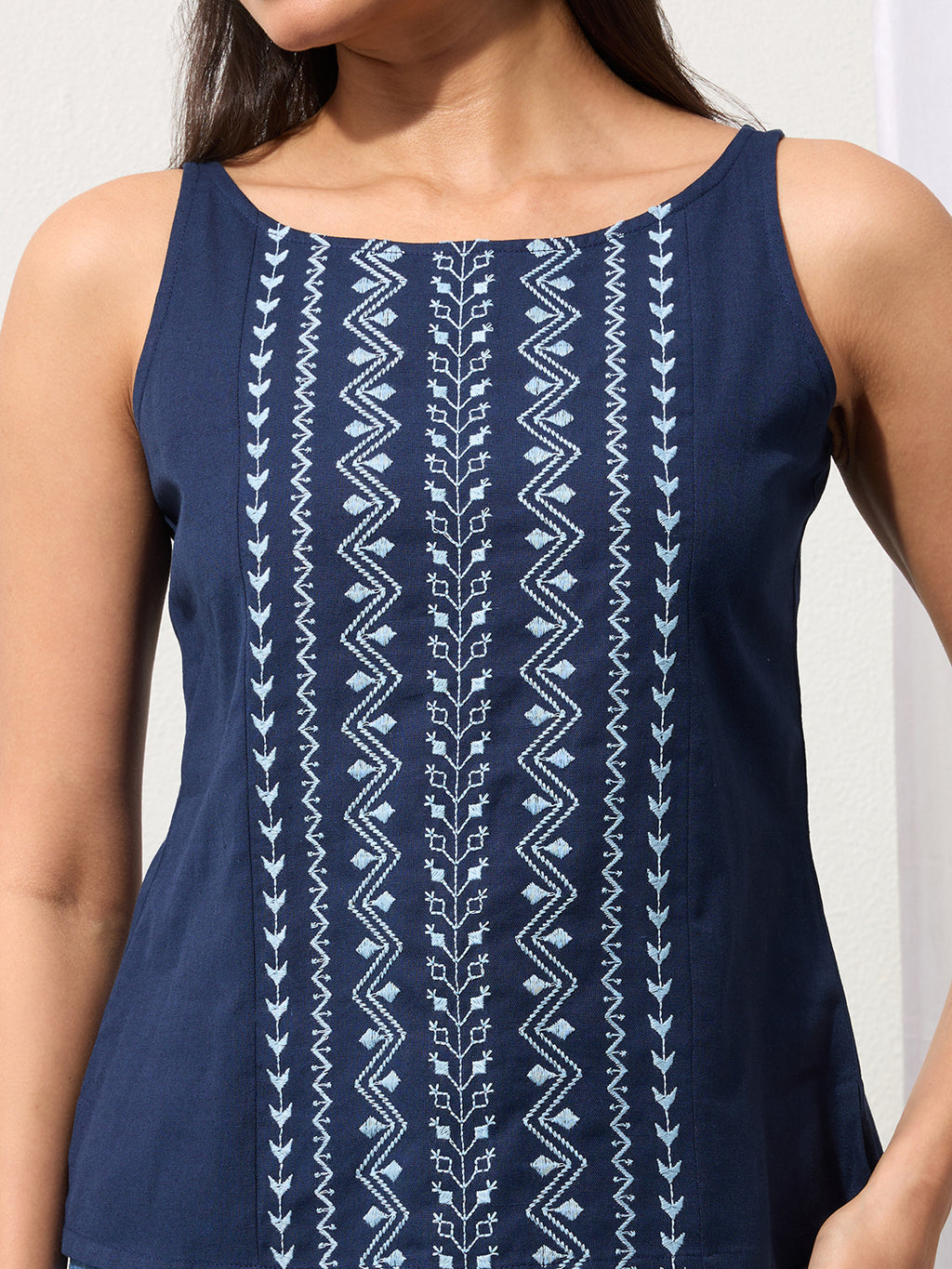 Midnight Indigo Cotton Linen Embroided Top