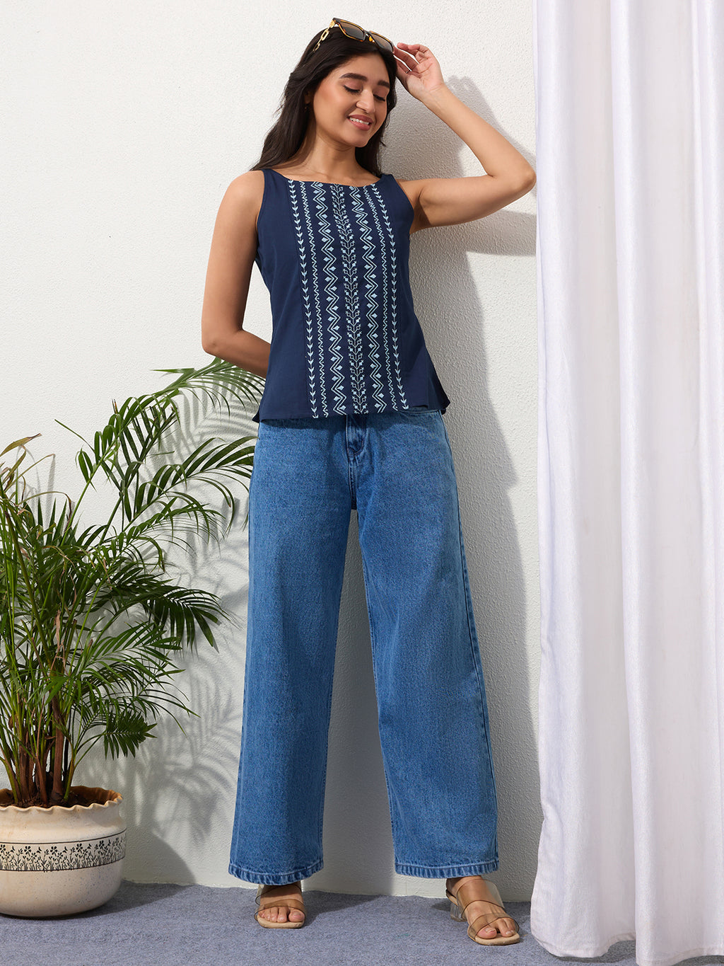 Midnight Indigo Cotton Linen Embroided Top