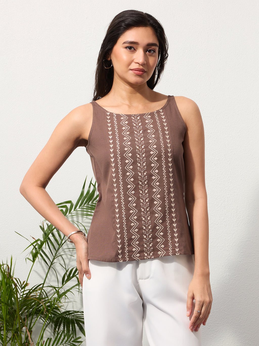 Clay Brown Cotton Linen Embroidered Top