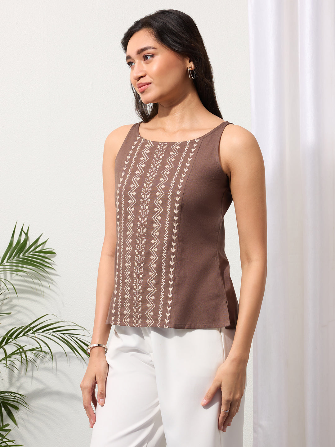Clay Brown Cotton Linen Embroidered Top
