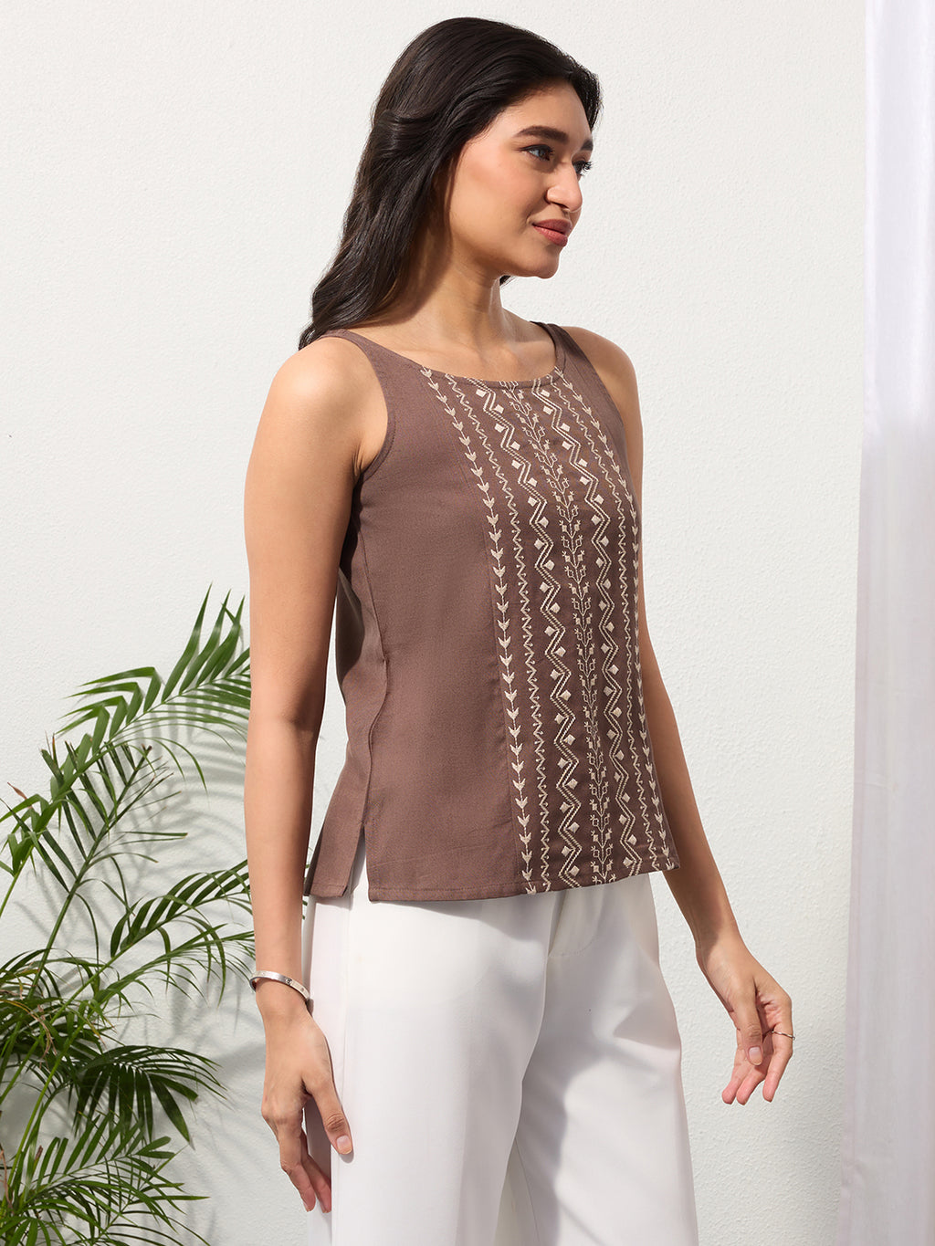 Clay Brown Cotton Linen Embroidered Top