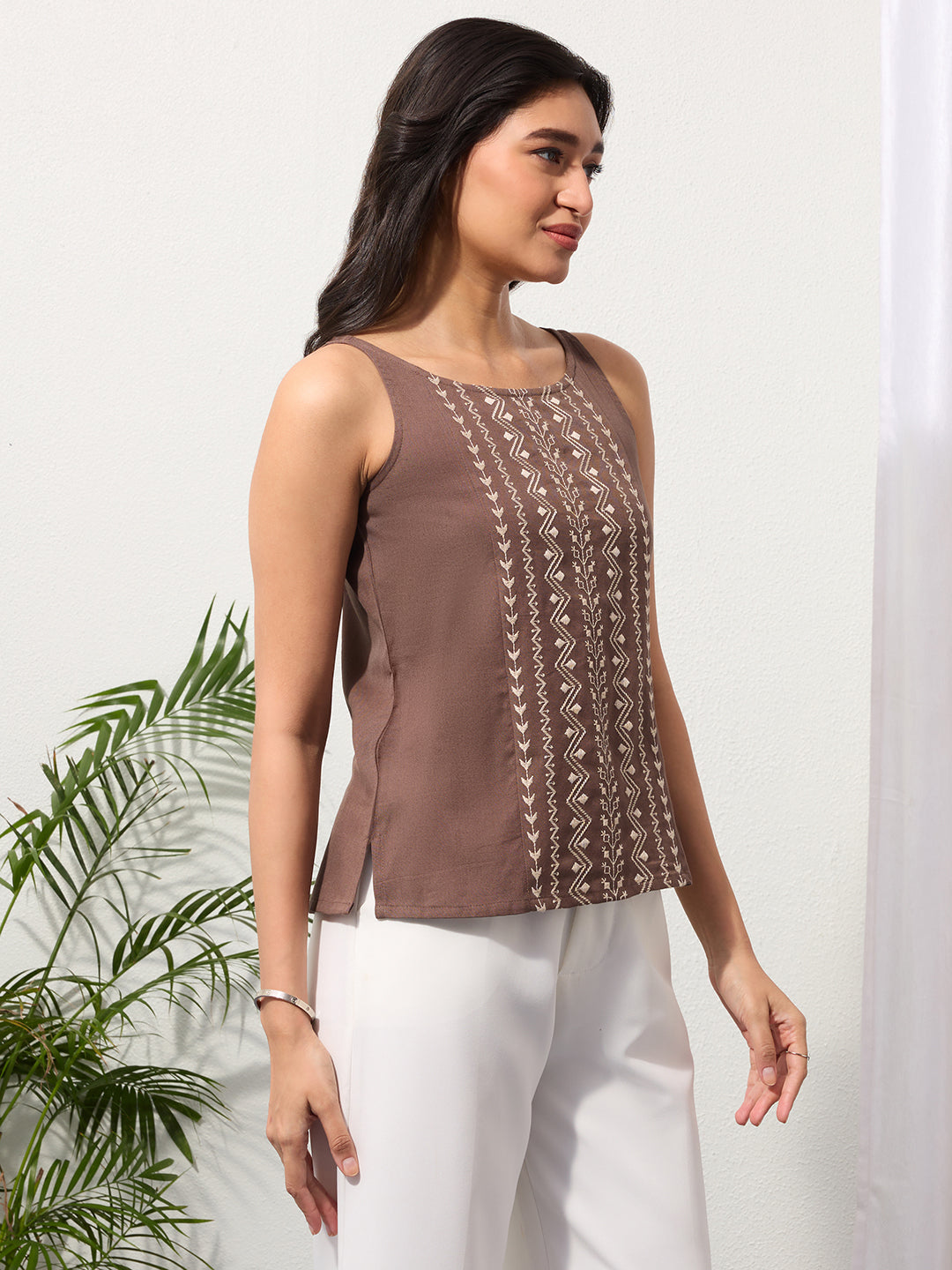 Clay Brown Cotton Linen Embroidered Top