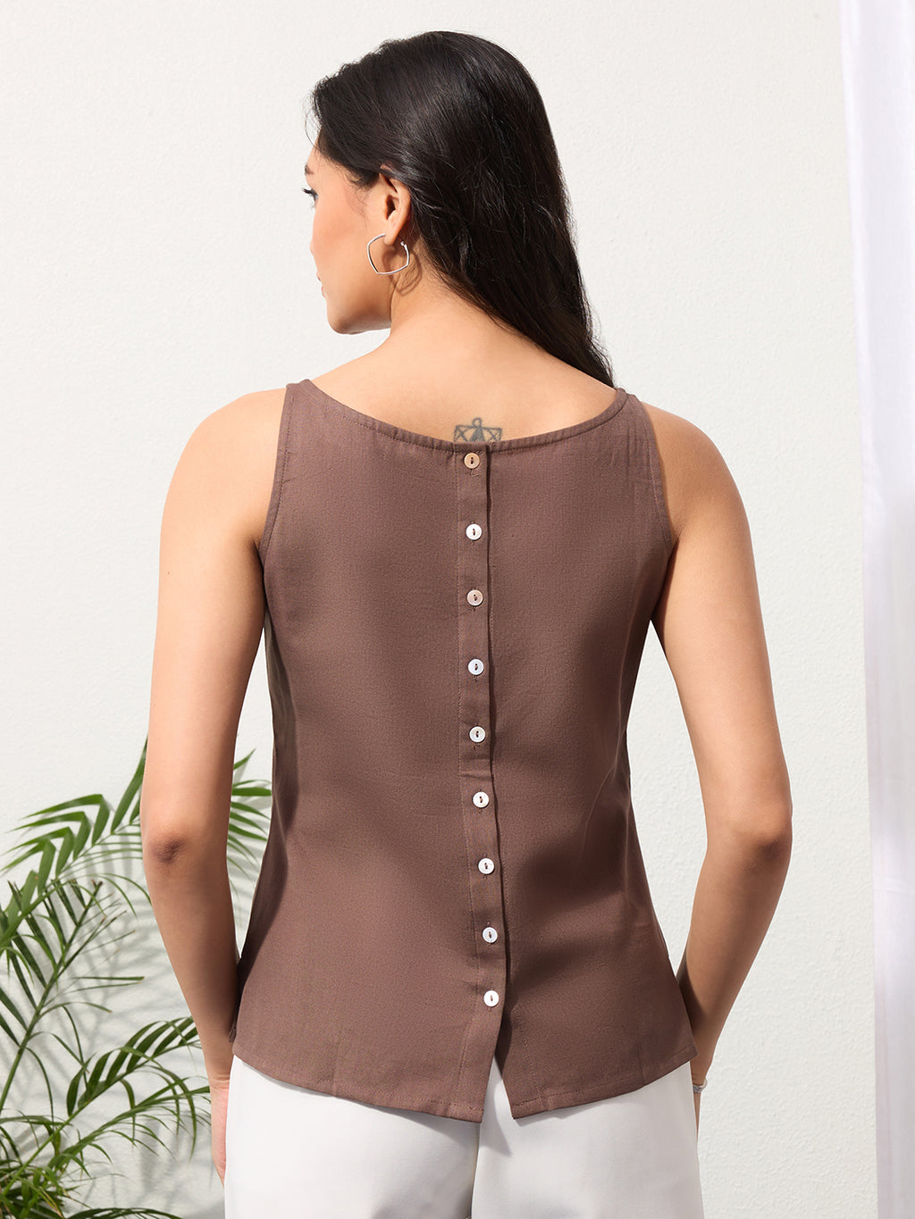 Clay Brown Cotton Linen Embroidered Top