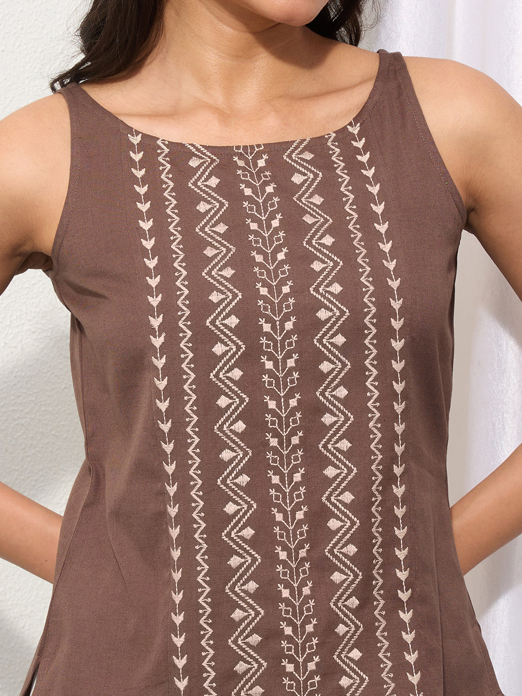 Clay Brown Cotton Linen Embroidered Top