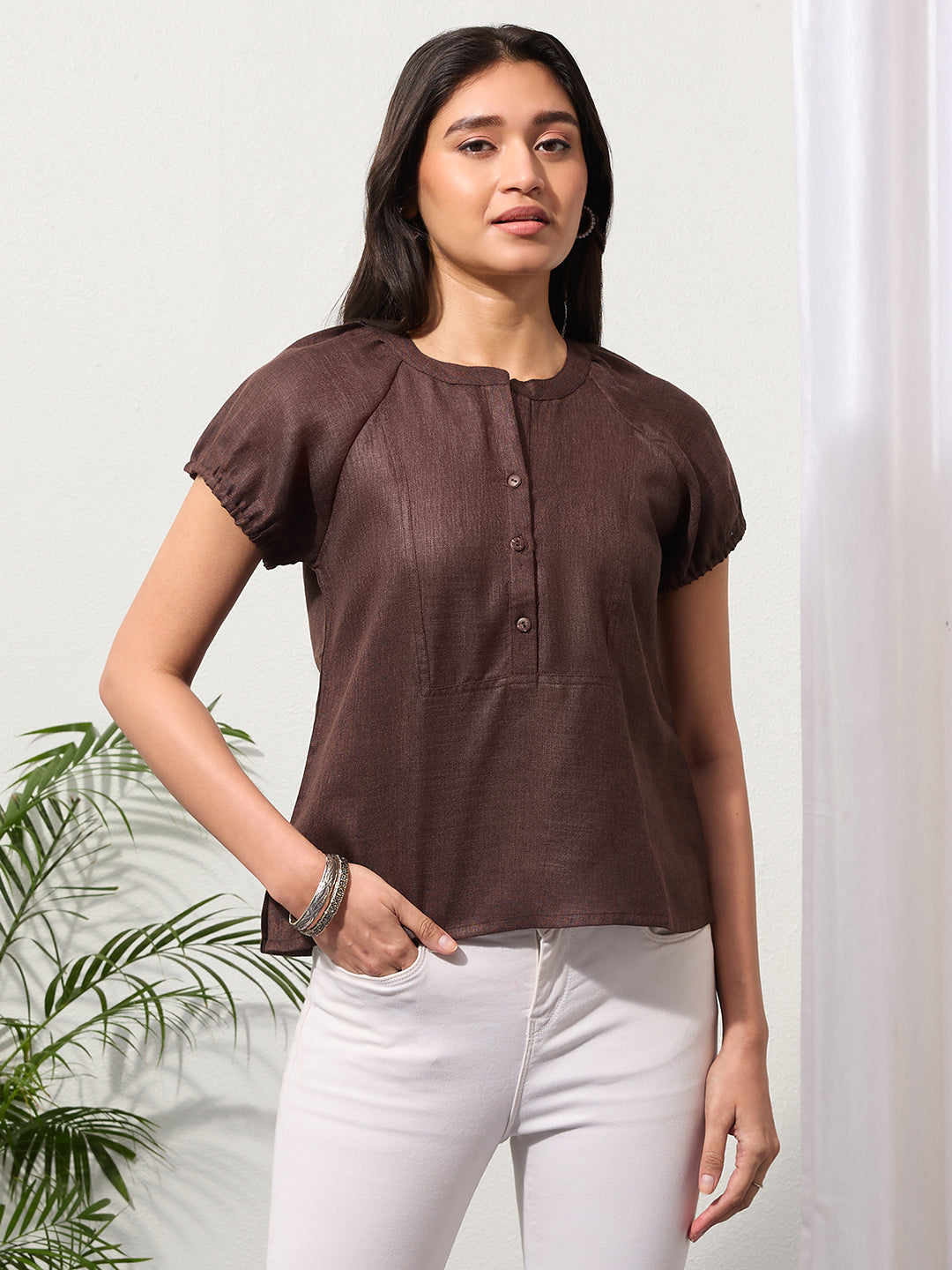 Espresso Brown Solid Design Button-Placket Regular Top