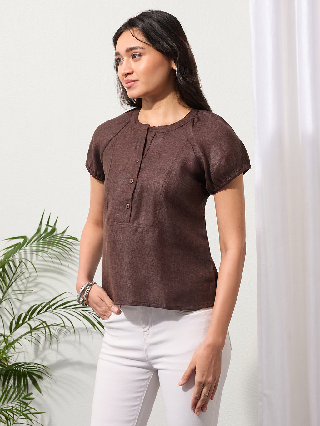 Espresso Brown Solid Design Button-Placket Regular Top