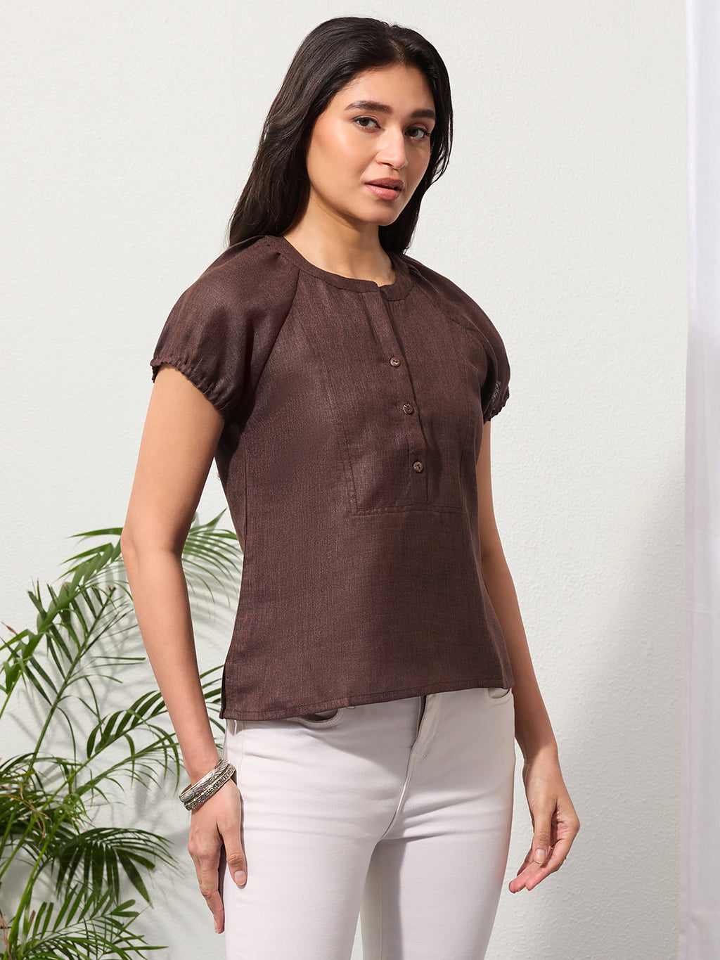 Espresso Brown Solid Design Button-Placket Regular Top