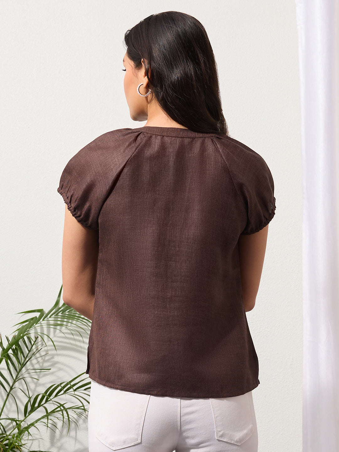 Espresso Brown Solid Design Button-Placket Regular Top