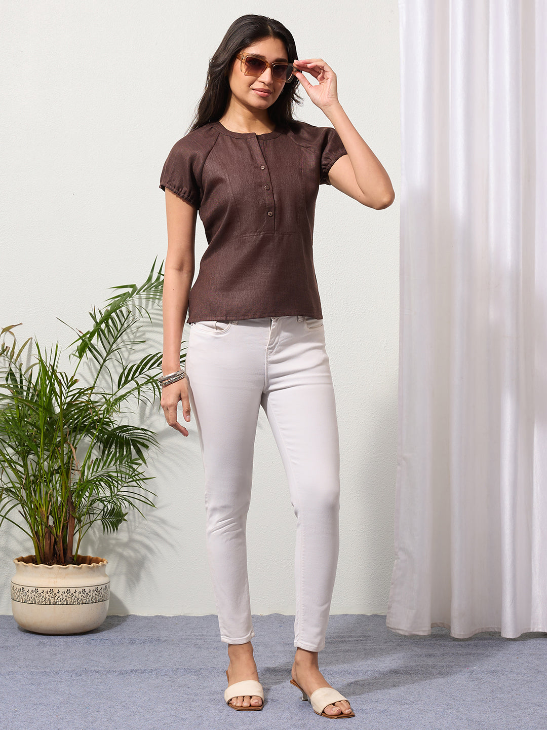 Espresso Brown Solid Design Button-Placket Regular Top