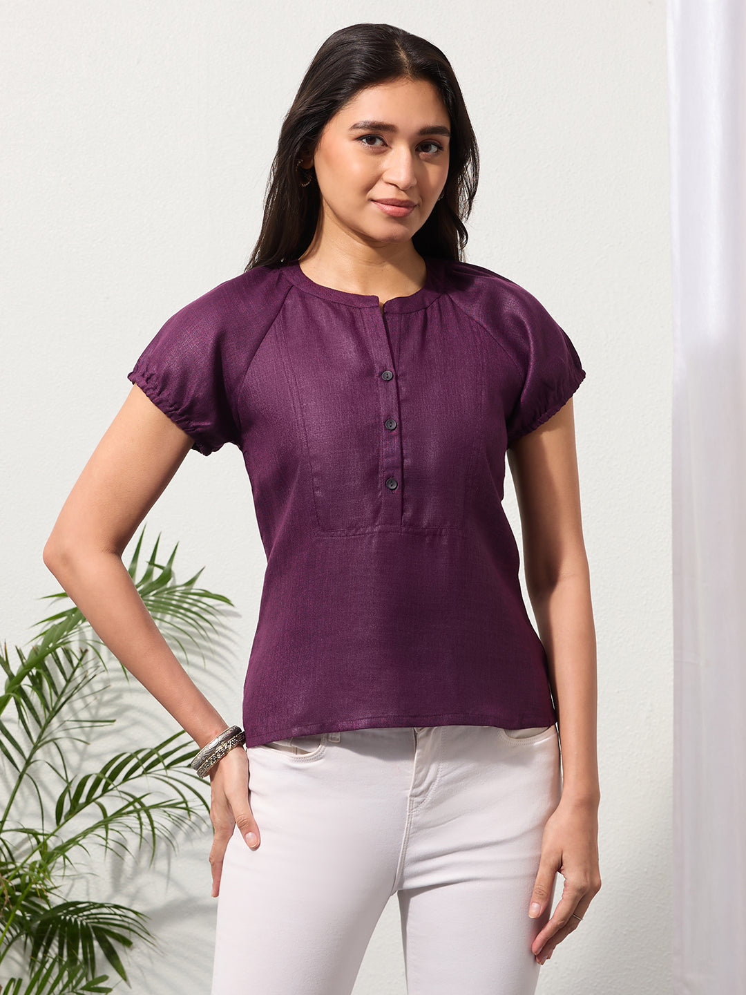Mulberry Purple Solid Design Button-Placket Regular Top