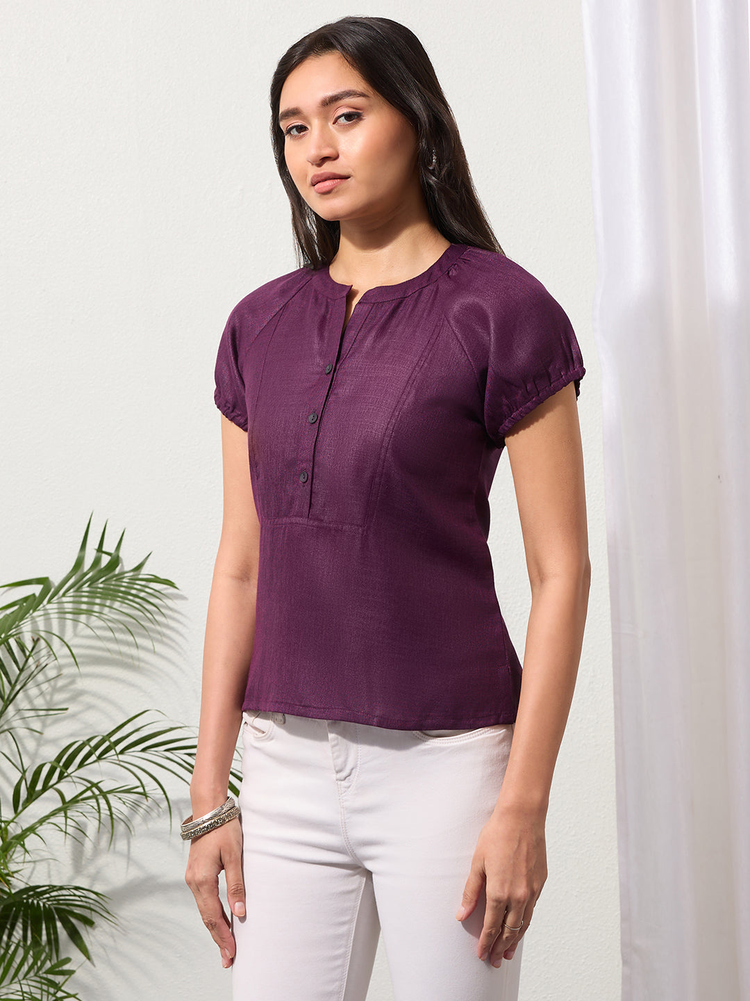 Mulberry Purple Solid Design Button-Placket Regular Top