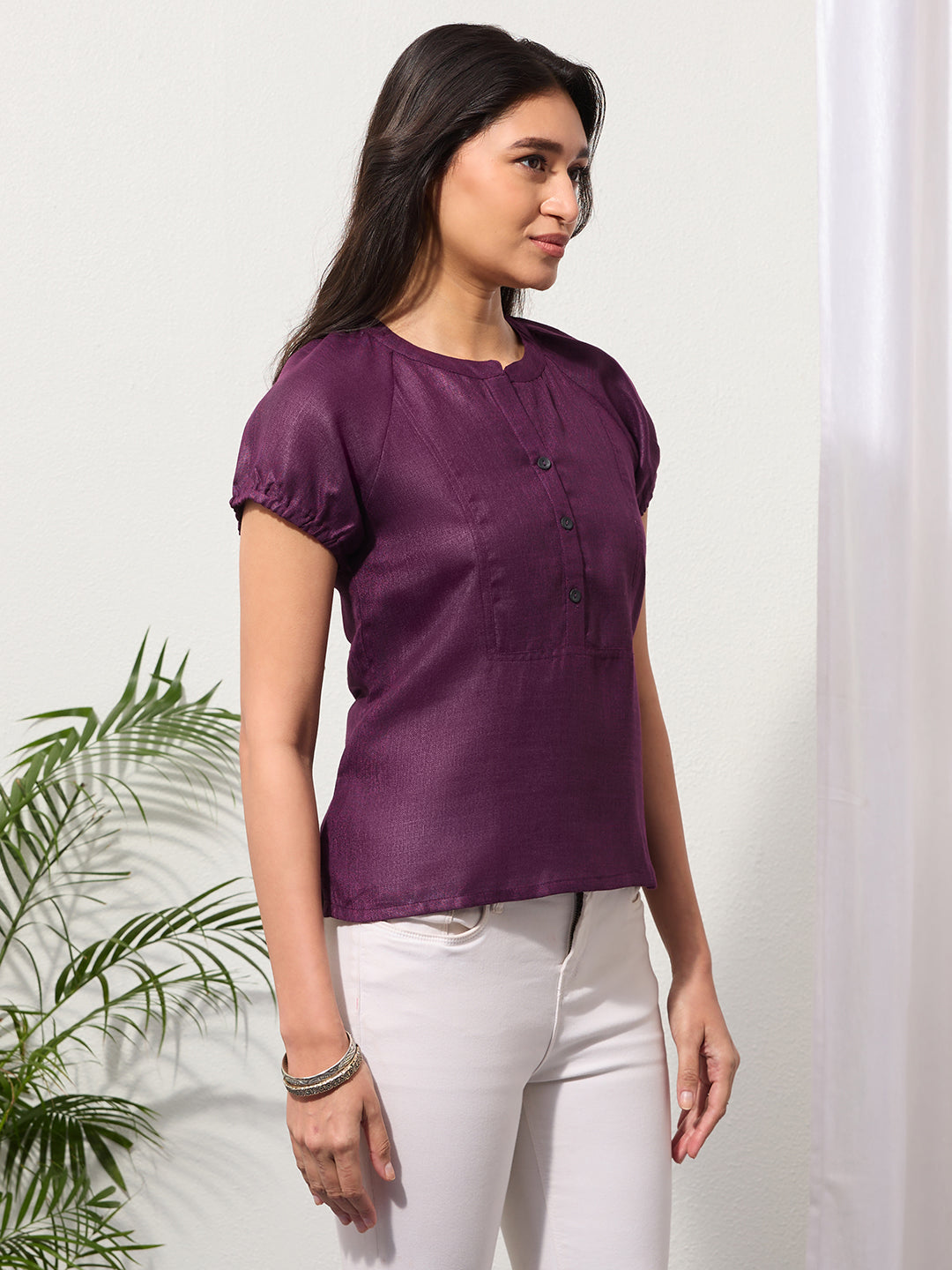 Mulberry Purple Solid Design Button-Placket Regular Top