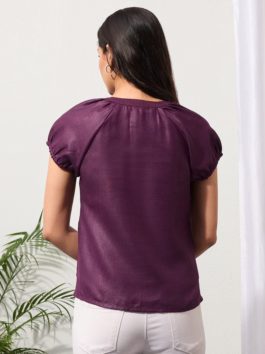 Mulberry Purple Solid Design Button-Placket Regular Top