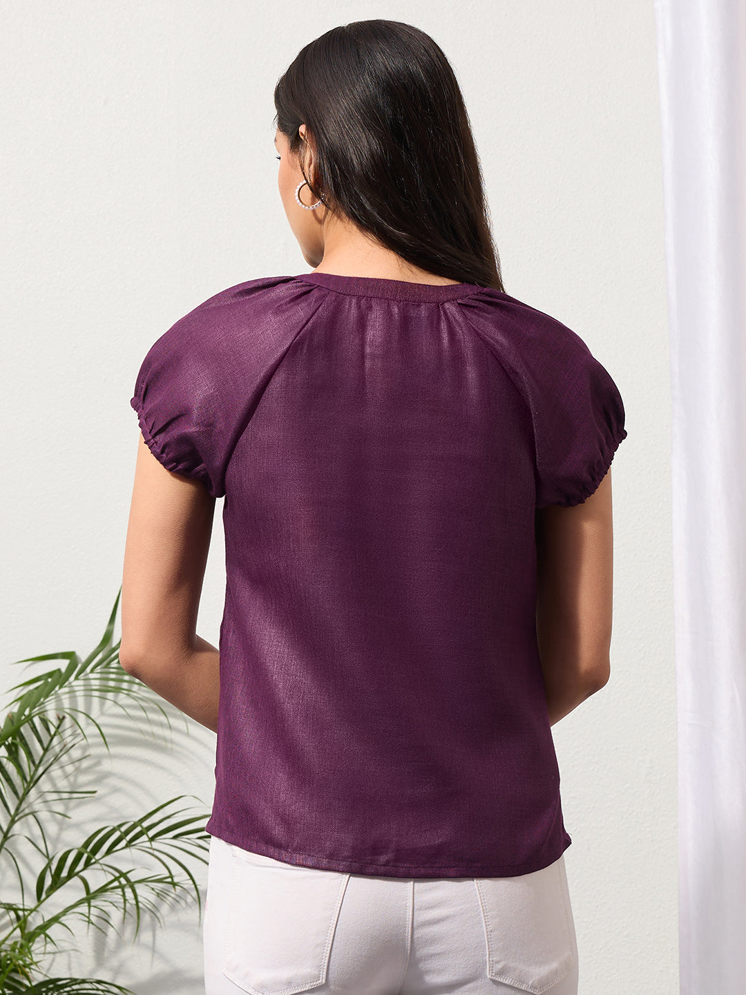 Mulberry Purple Solid Design Button-Placket Regular Top