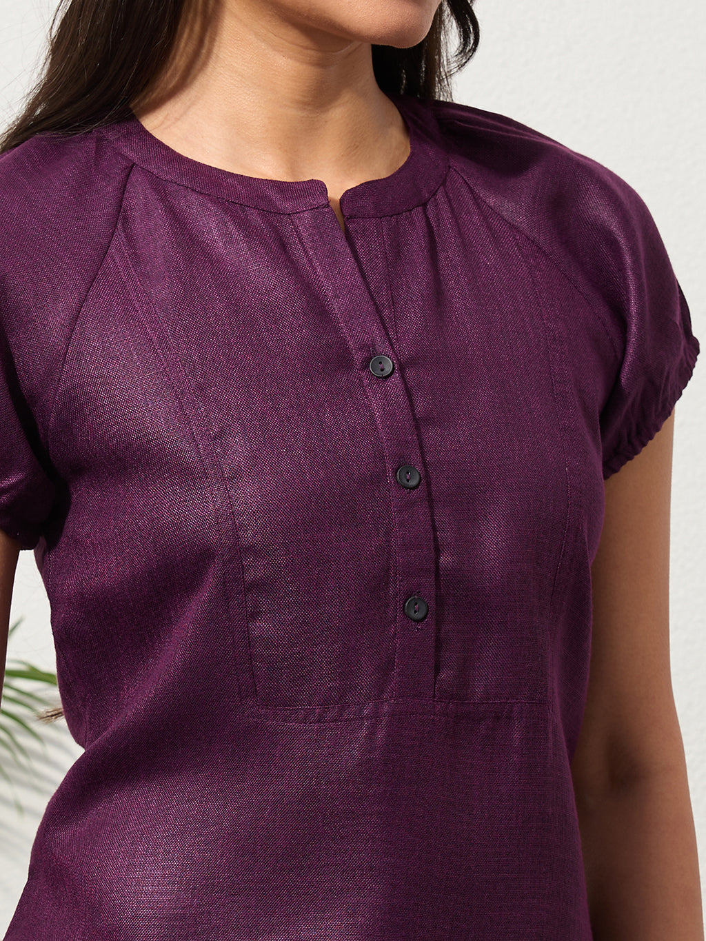 Mulberry Purple Solid Design Button-Placket Regular Top
