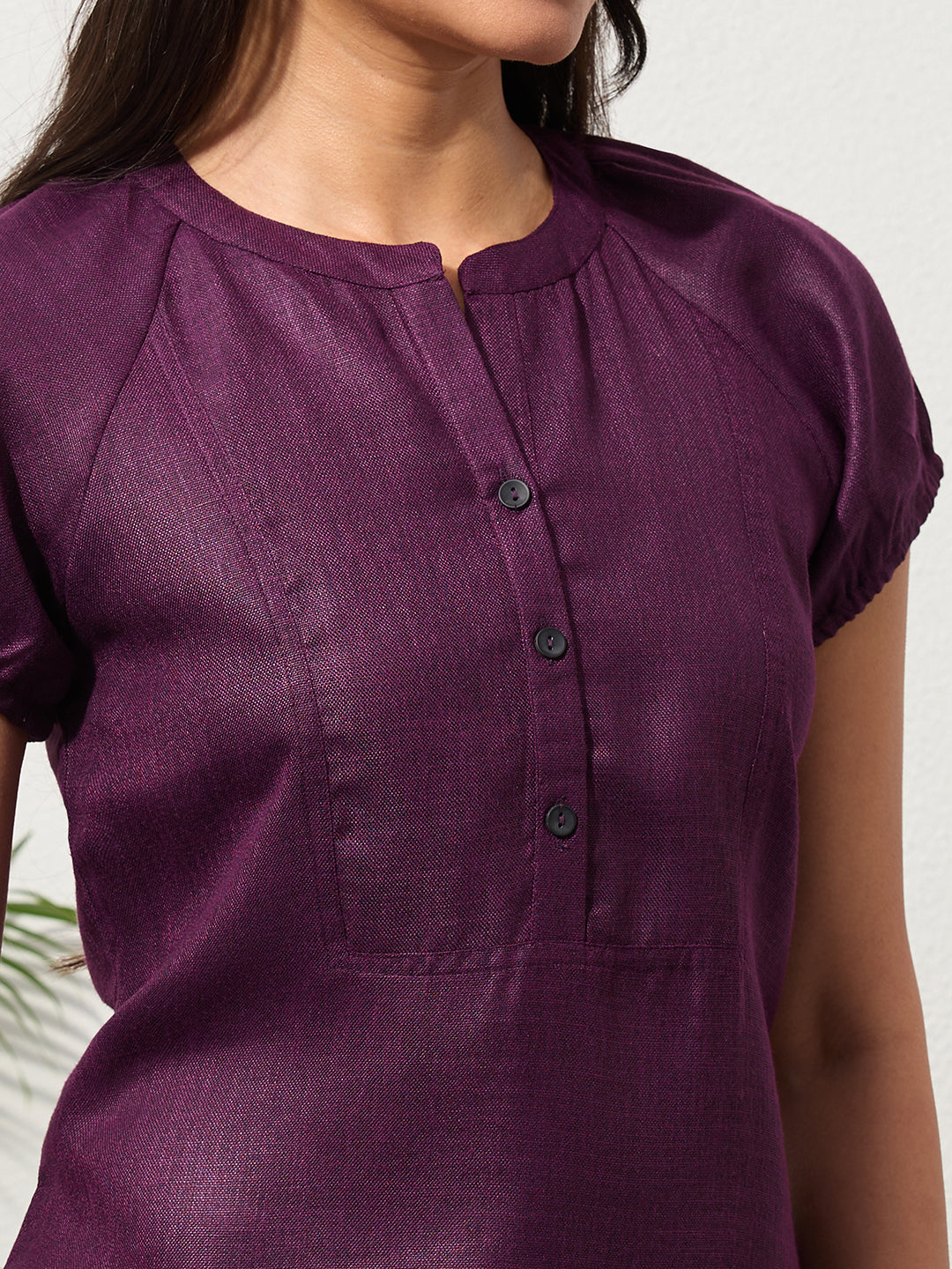 Mulberry Purple Solid Design Button-Placket Regular Top