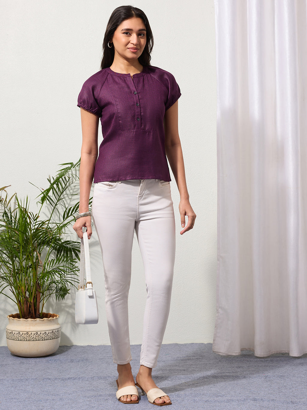 Mulberry Purple Solid Design Button-Placket Regular Top