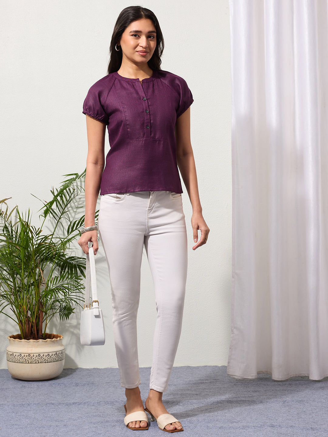 Mulberry Purple Solid Design Button-Placket Regular Top