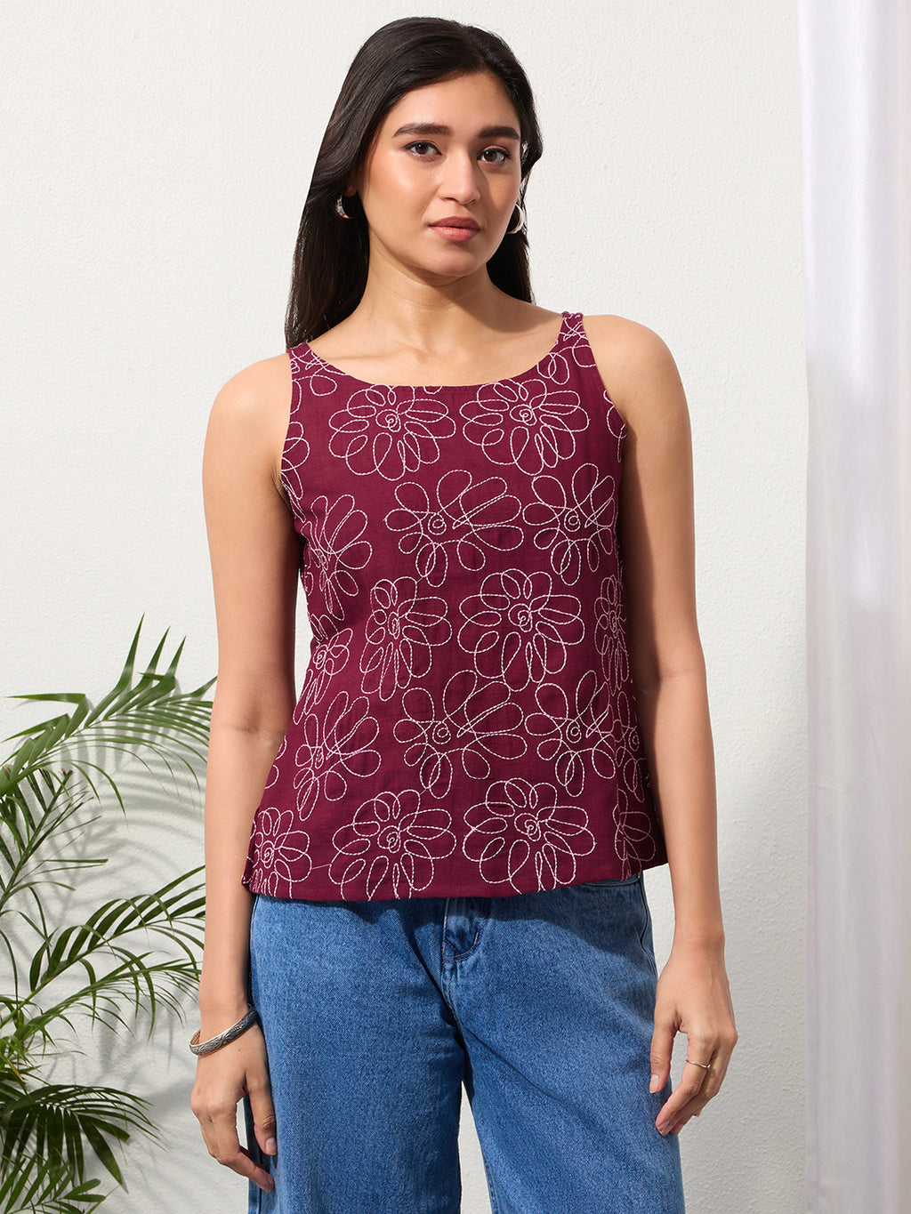 Dark Wine Daisy Doodle Embroidered Top