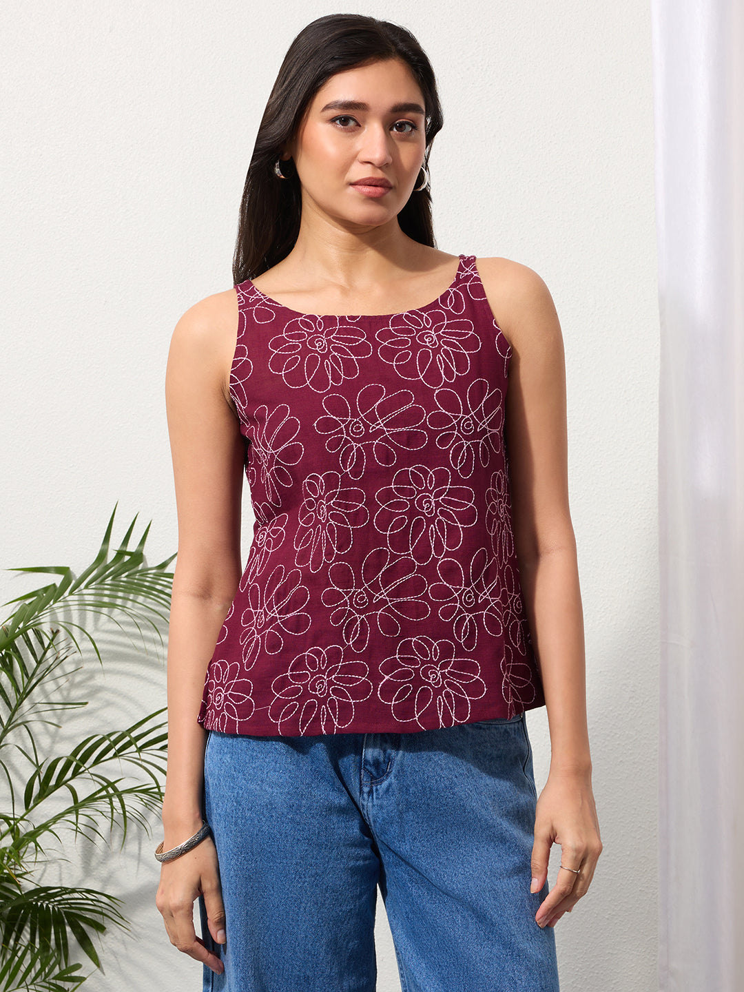 Dark Wine Daisy Doodle Embroidered Top