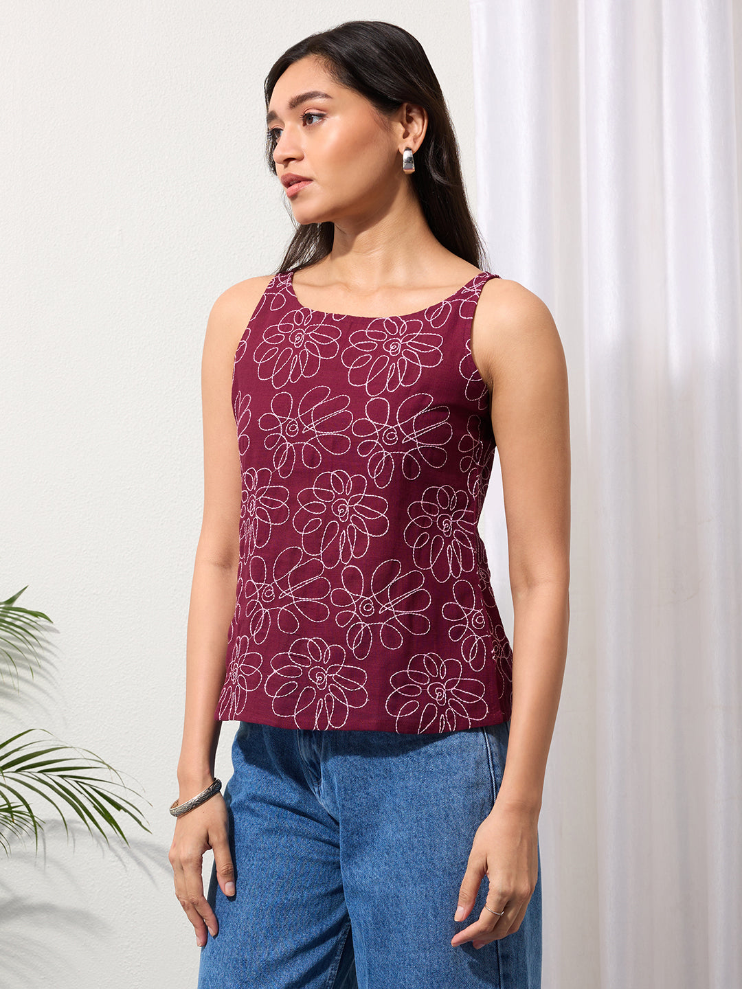 Dark Wine Daisy Doodle Embroidered Top
