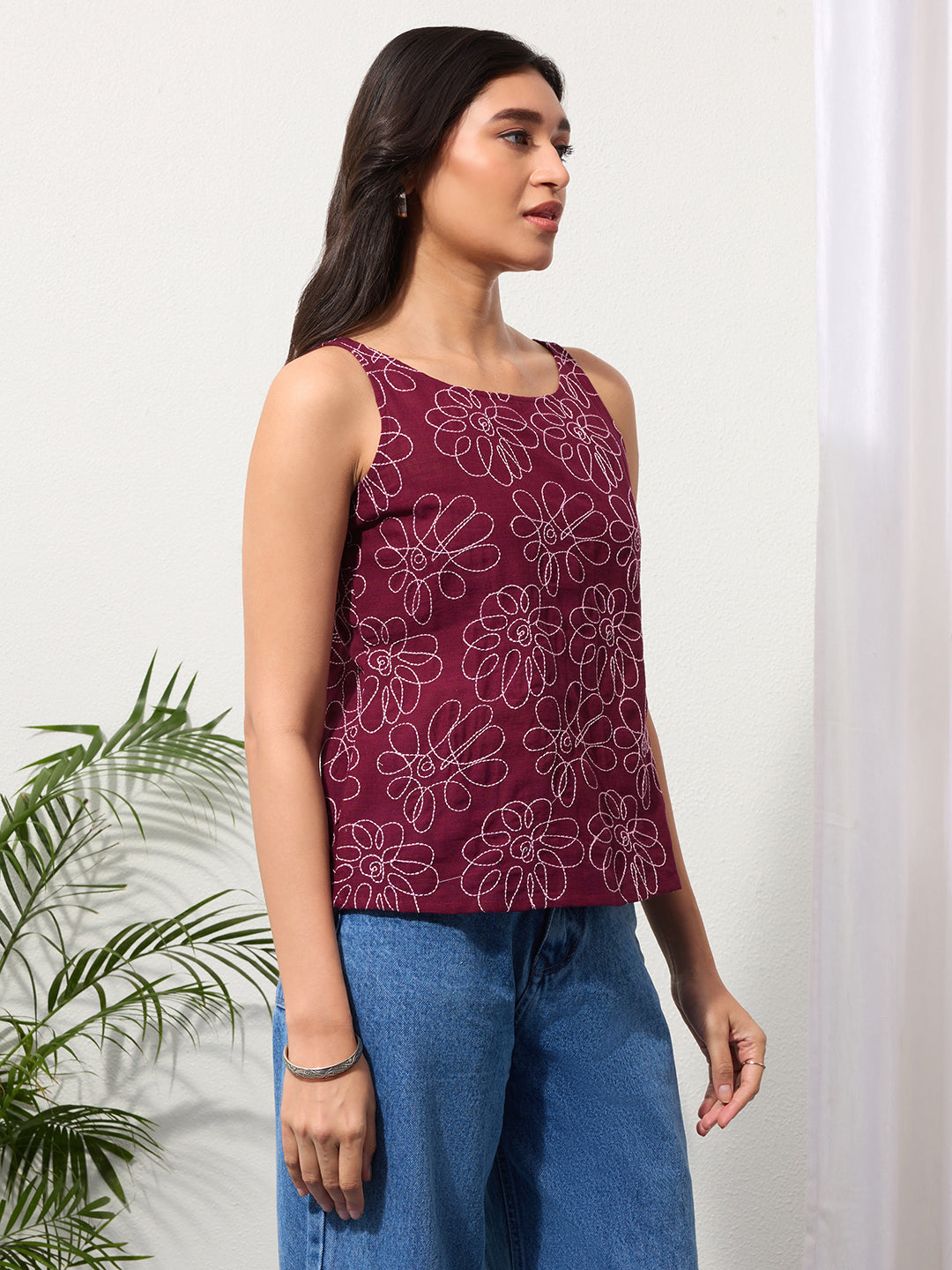 Dark Wine Daisy Doodle Embroidered Top