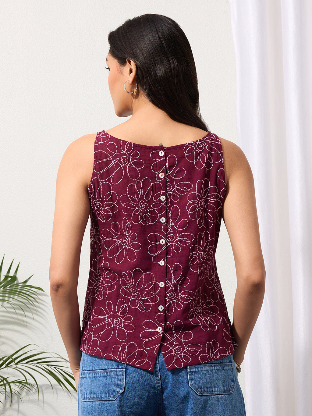 Dark Wine Daisy Doodle Embroidered Top