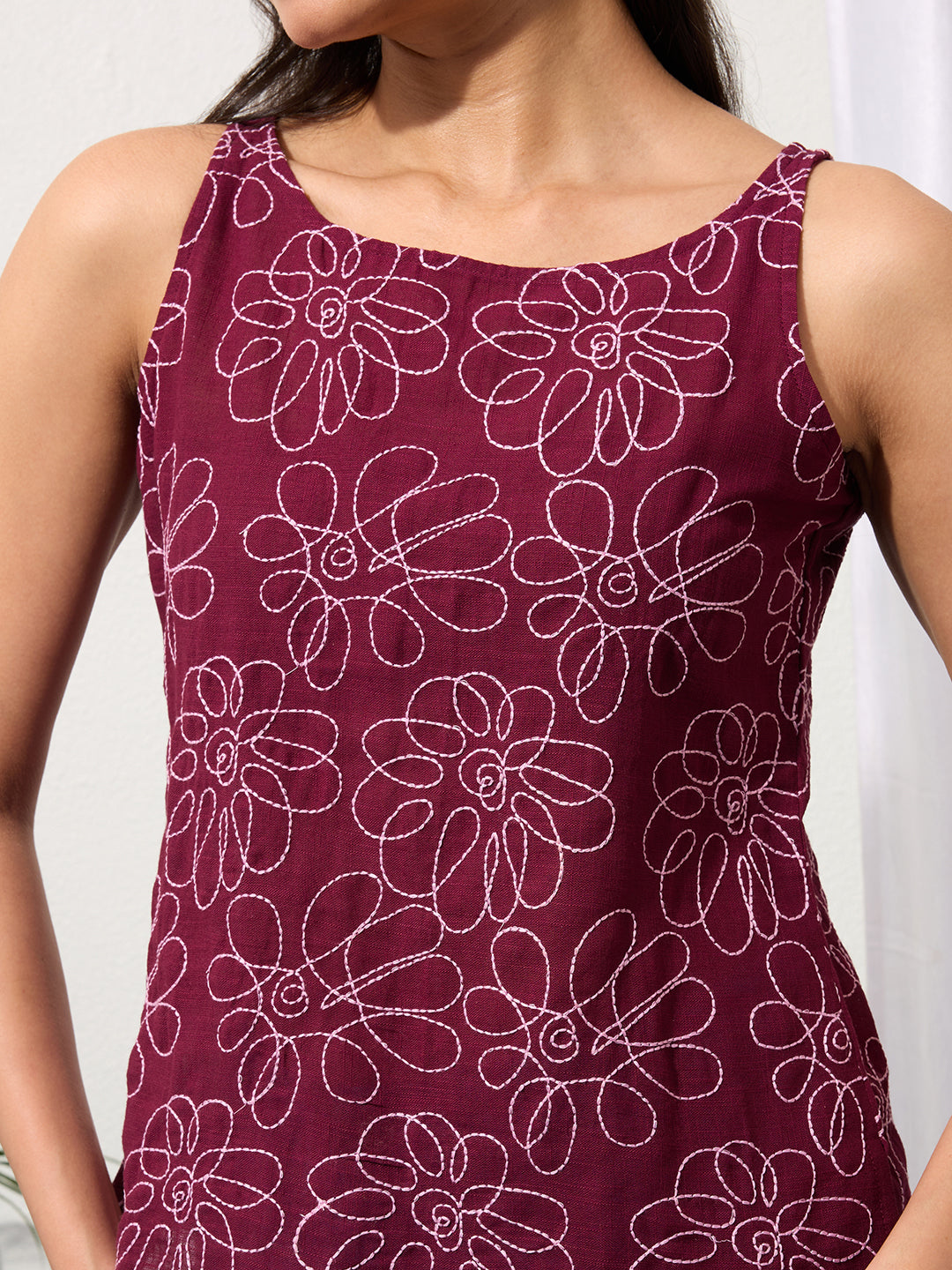 Dark Wine Daisy Doodle Embroidered Top