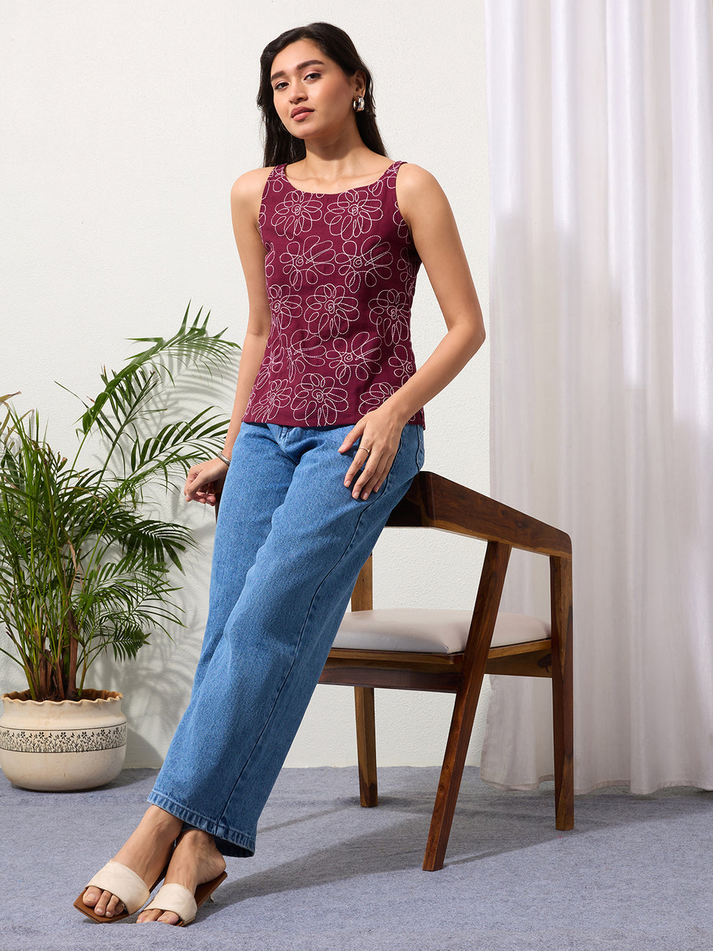 Dark Wine Daisy Doodle Embroidered Top