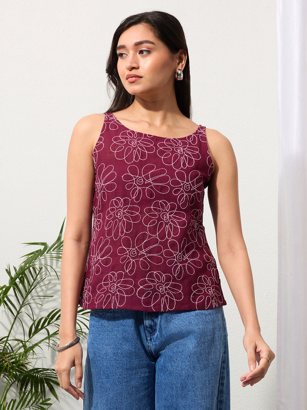 Dark Wine Daisy Doodle Embroidered Top