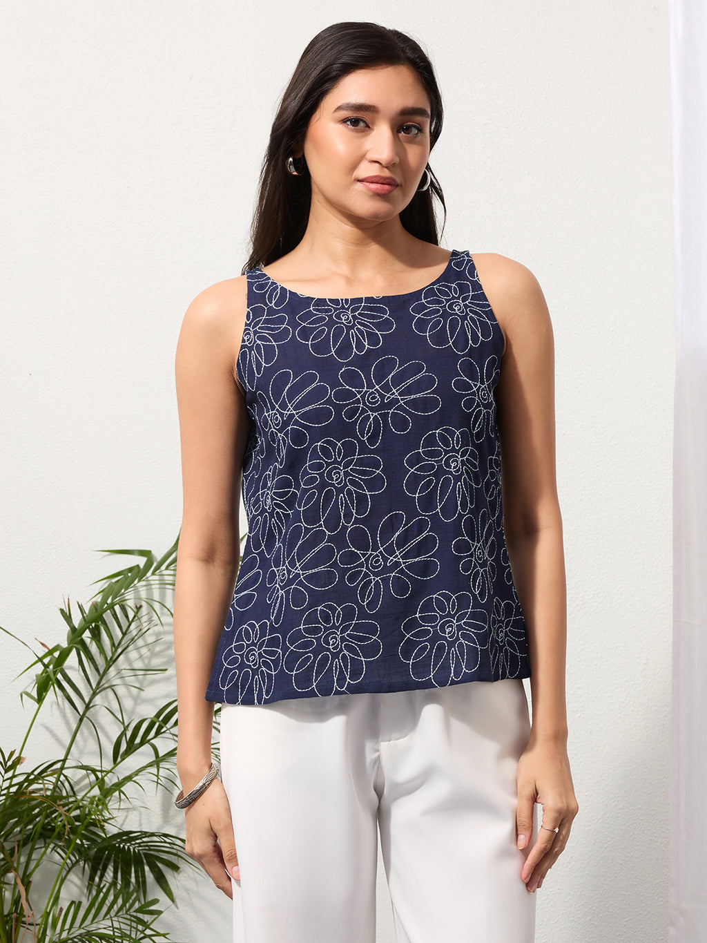 Deep Indigo Daisy Doodle Embroidered Top
