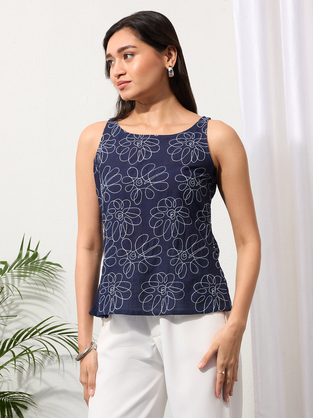 Deep Indigo Daisy Doodle Embroidered Top