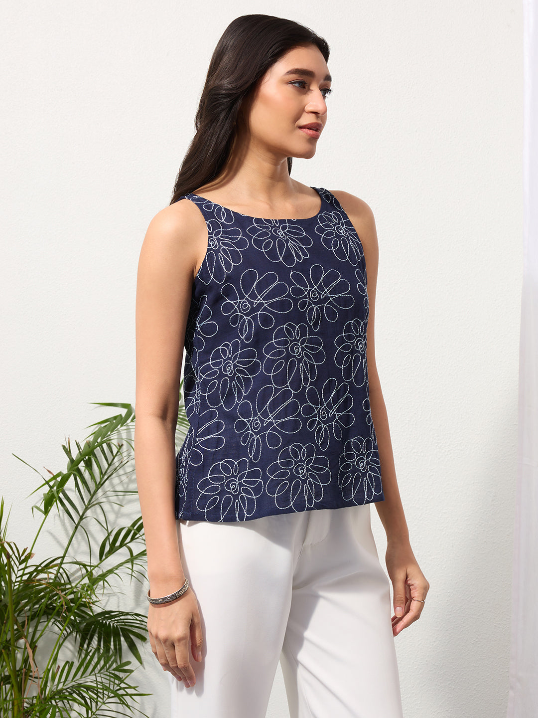 Deep Indigo Daisy Doodle Embroidered Top