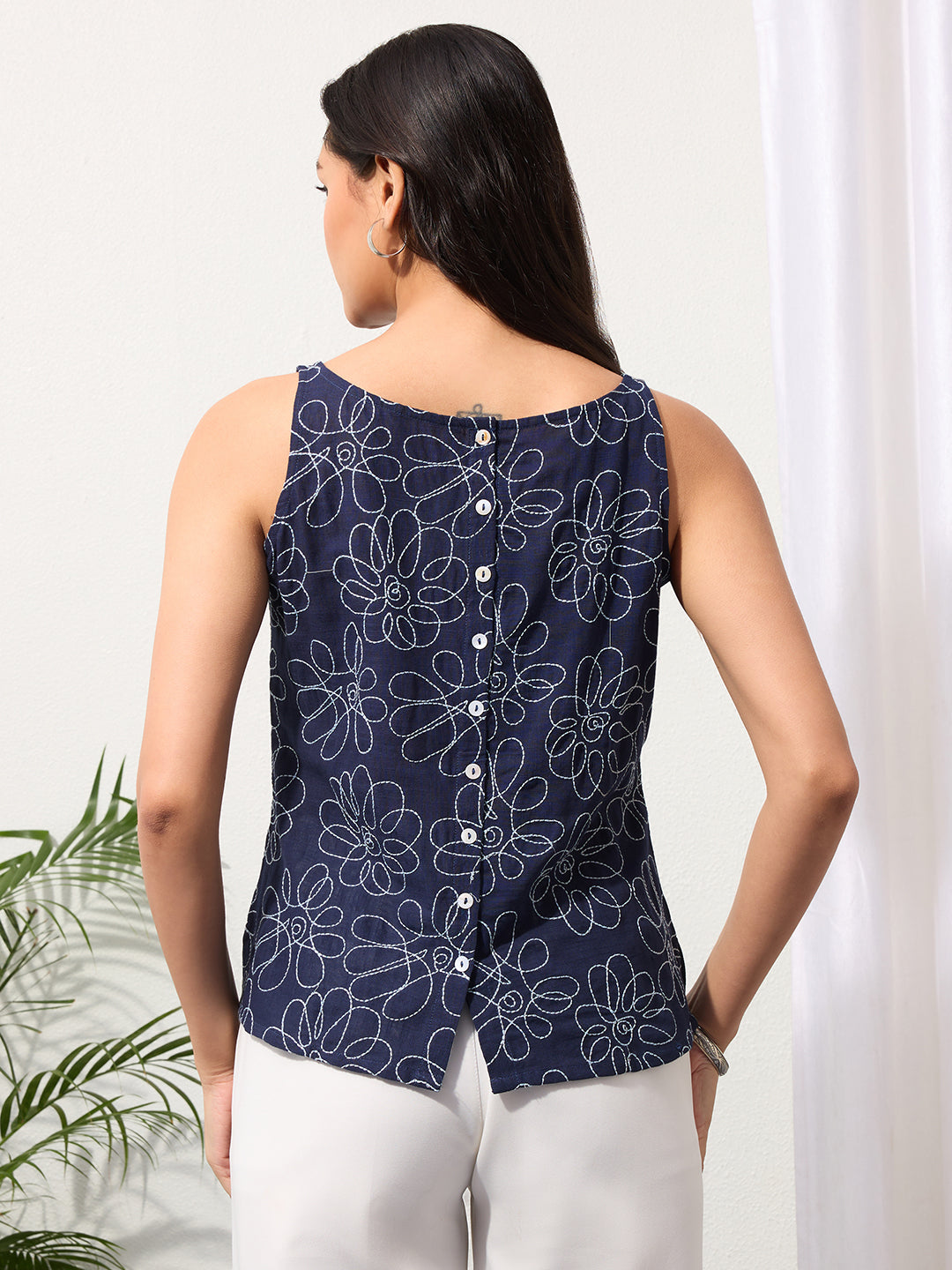 Deep Indigo Daisy Doodle Embroidered Top