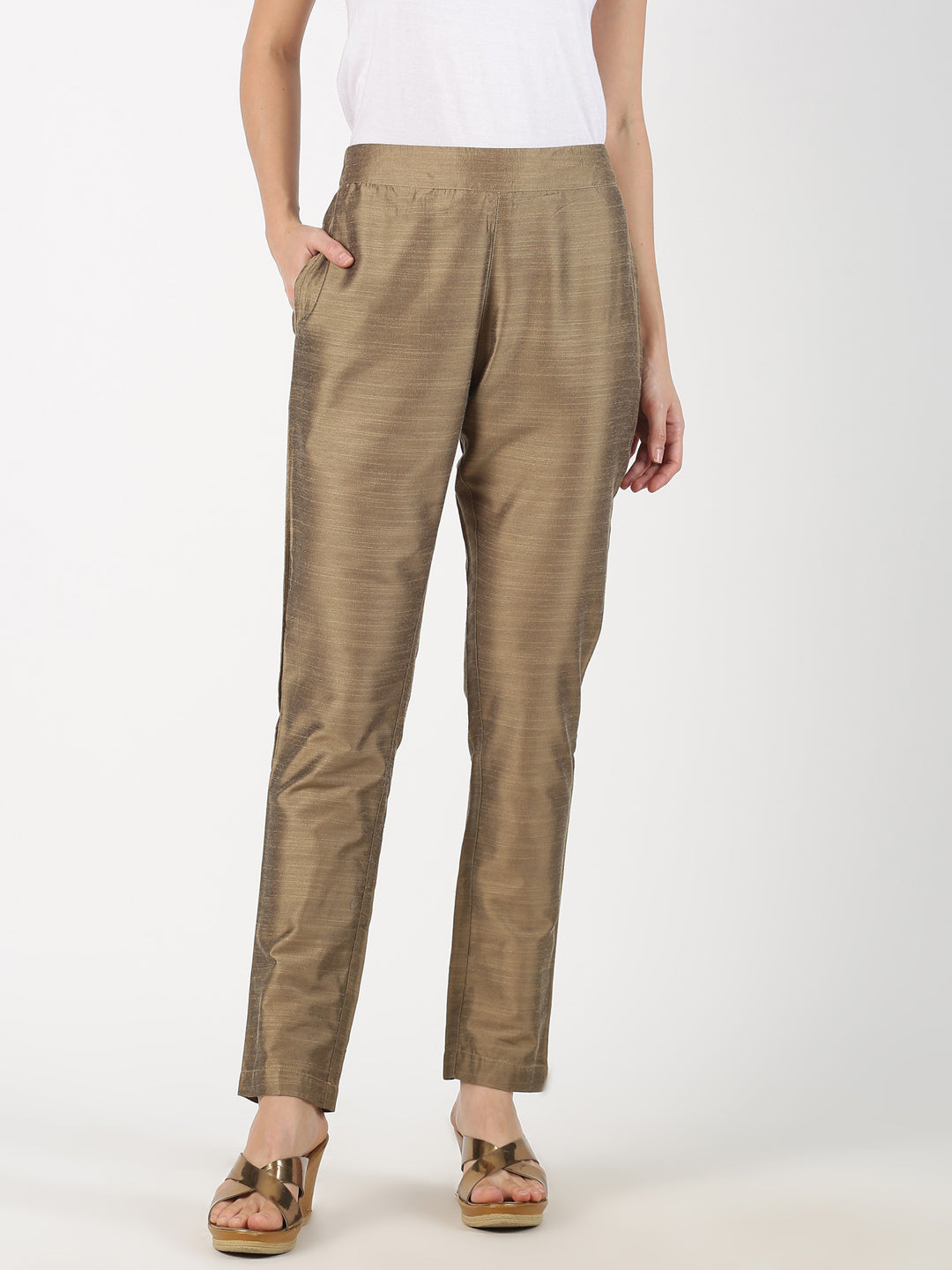 Pack of 2 Gold & Off White Art Silk Trousers