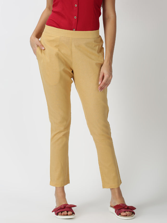 Beige Cotton Flax Straight Pant with Side Pocket