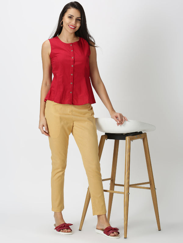 Beige Cotton Flax Straight Pant with Side Pocket