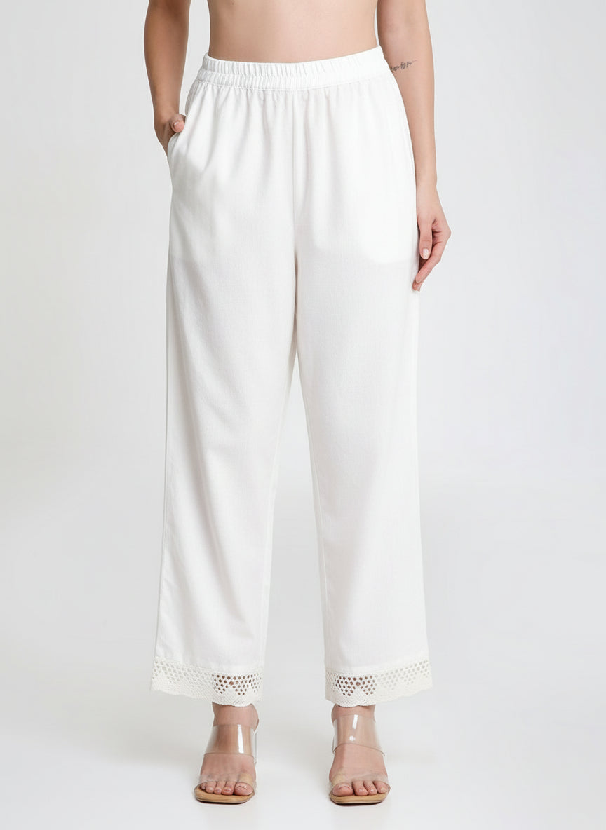 White Cotton Linen Palazzo with Lace