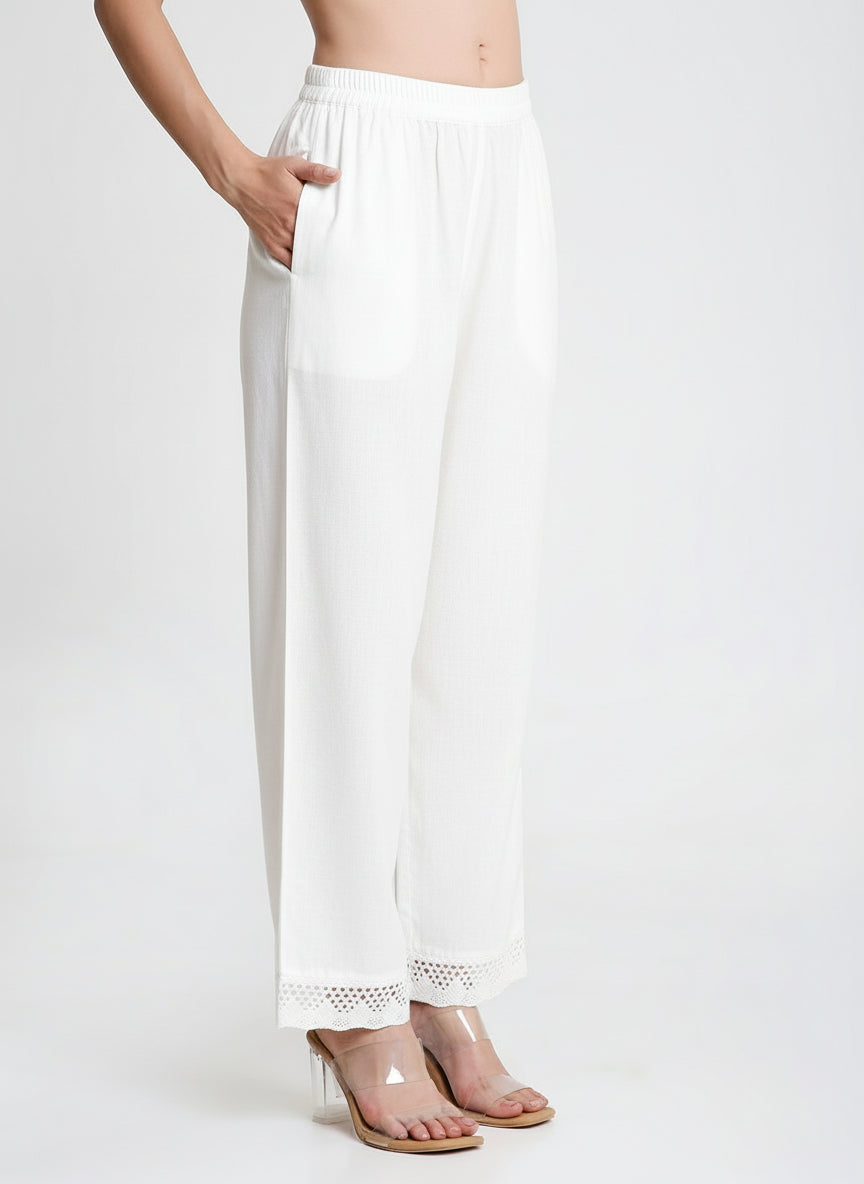 White Cotton Linen Palazzo with Lace