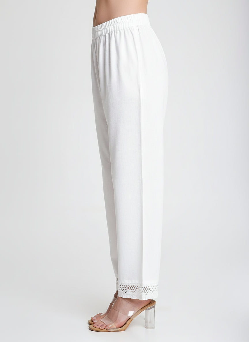 White Cotton Linen Palazzo with Lace