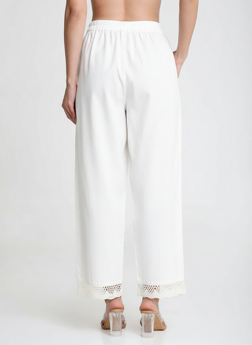 White Cotton Linen Palazzo with Lace