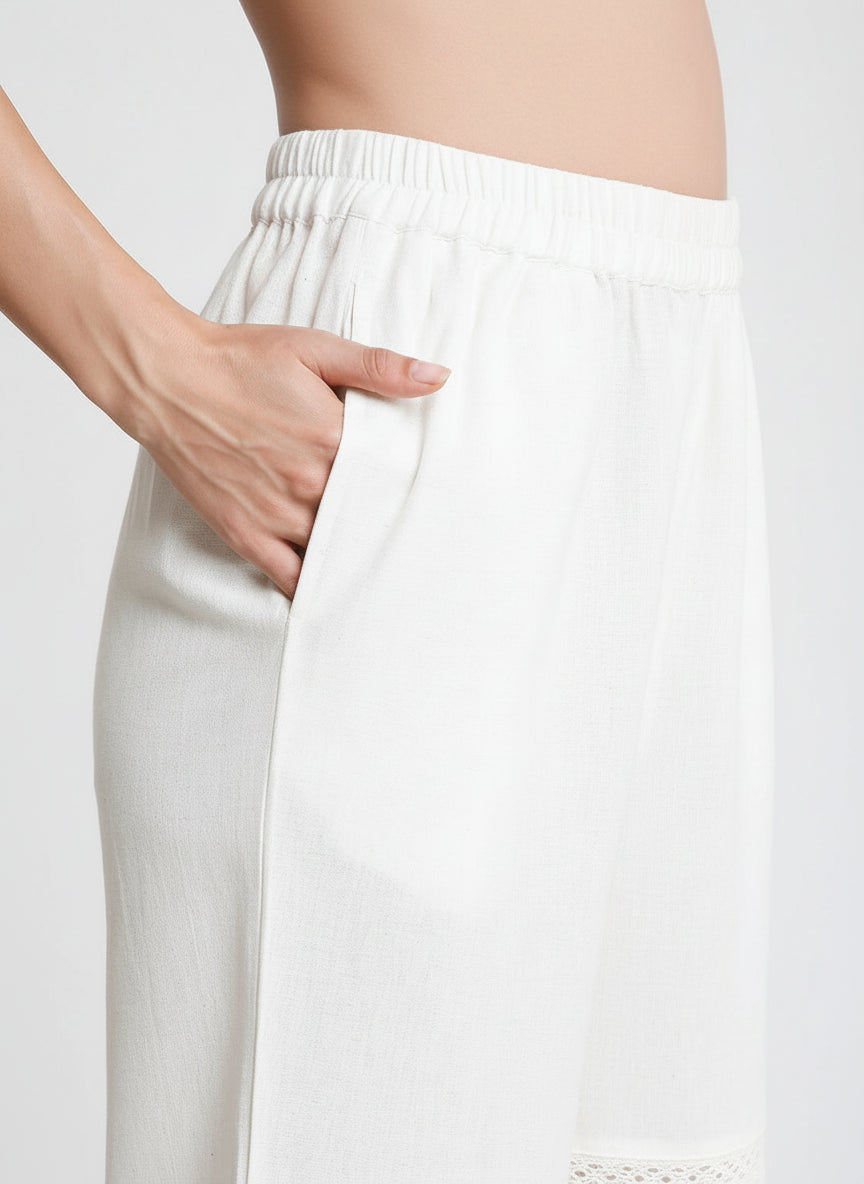 White Cotton Linen Palazzo with Lace