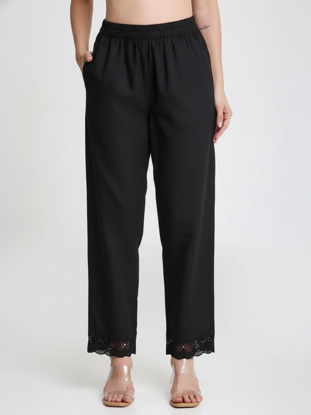 Black Cotton Linen Palazzo with Lace