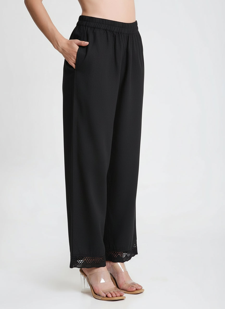 Black Cotton Linen Palazzo with Lace