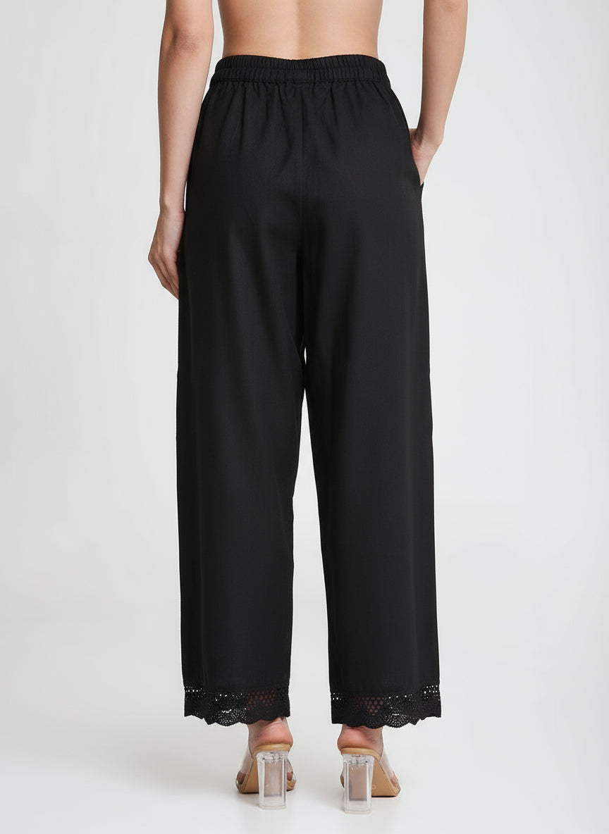 Black Cotton Linen Palazzo with Lace