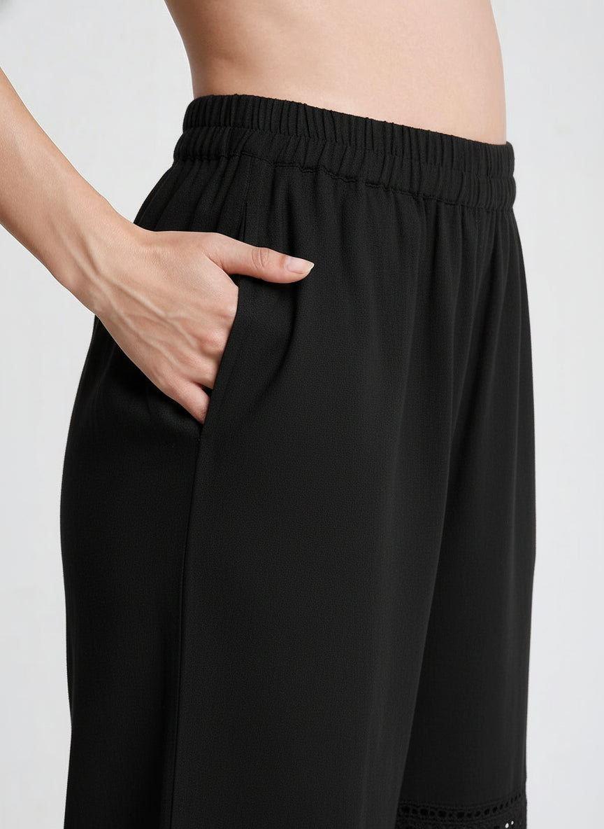 Black Cotton Linen Palazzo with Lace